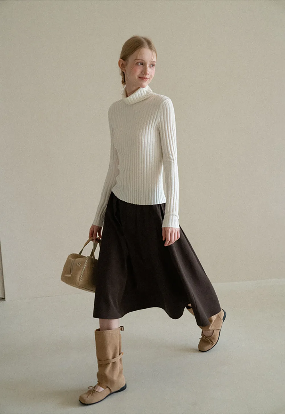 Ribbed Knit Turtleneck Long Sleeve Sweater