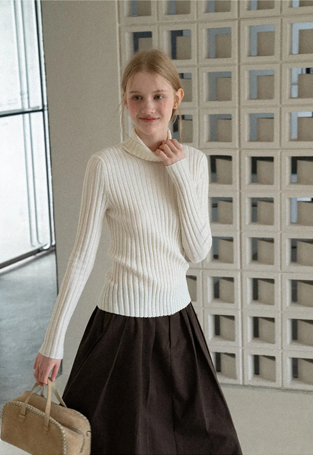 Ribbed Knit Turtleneck Long Sleeve Sweater