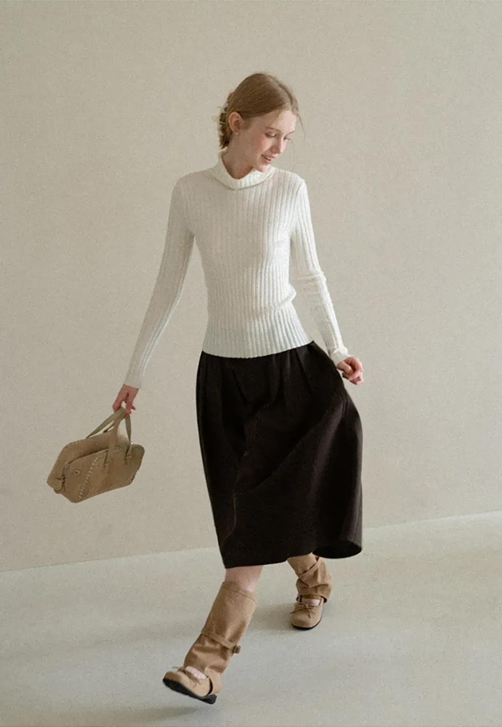 Ribbed Knit Turtleneck Long Sleeve Sweater