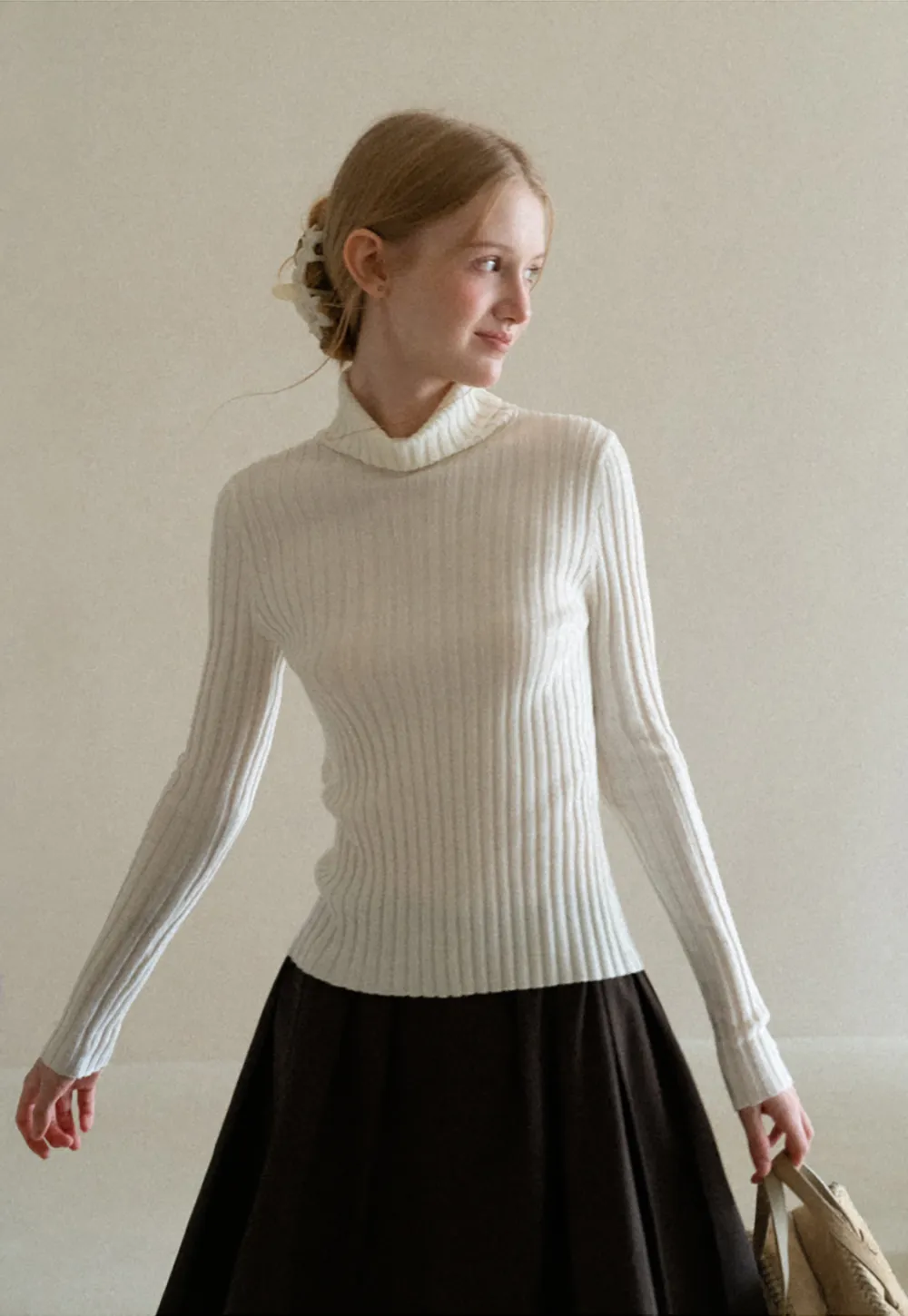 Ribbed Knit Turtleneck Long Sleeve Sweater