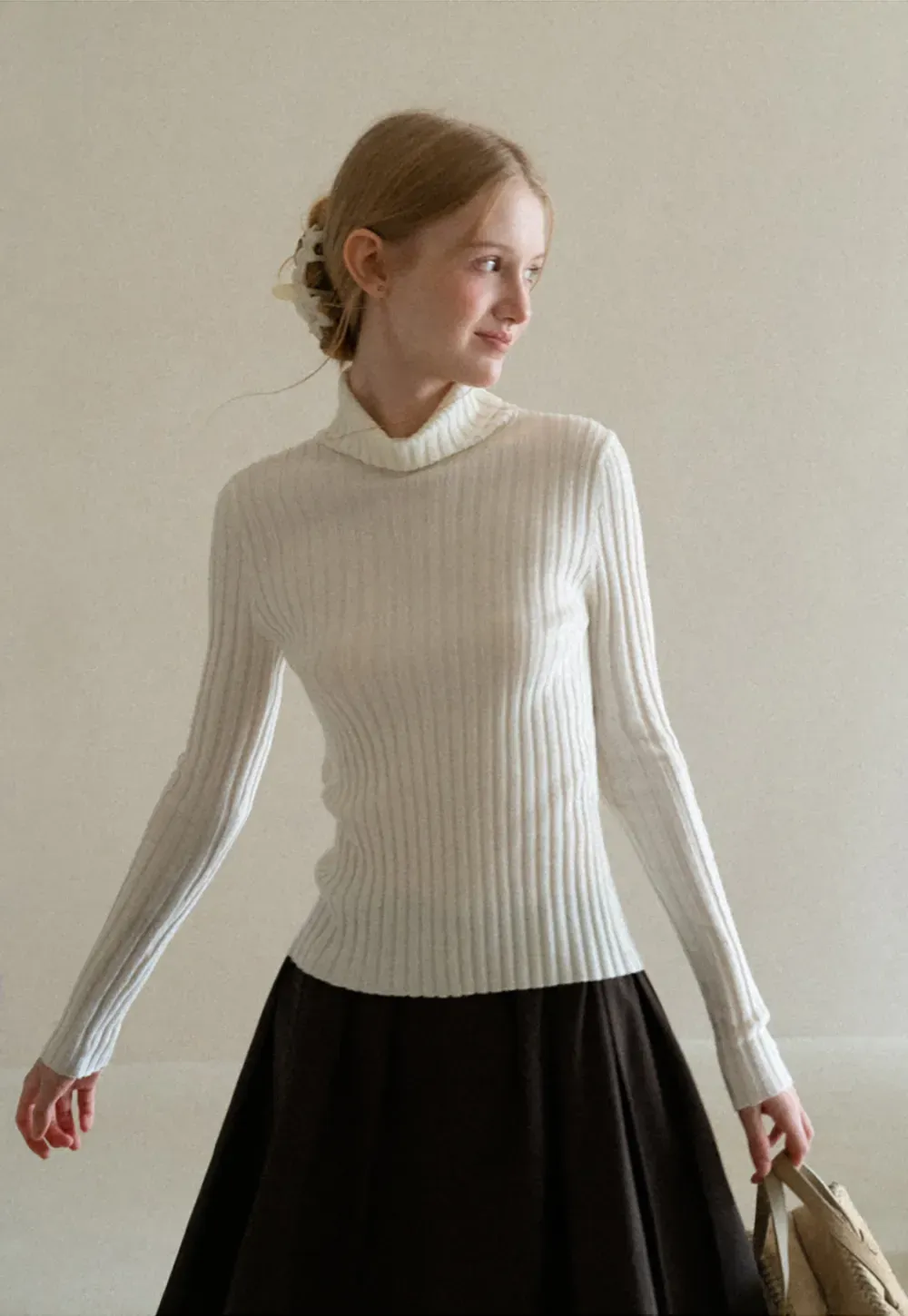 Ribbed Knit Turtleneck Long Sleeve Sweater