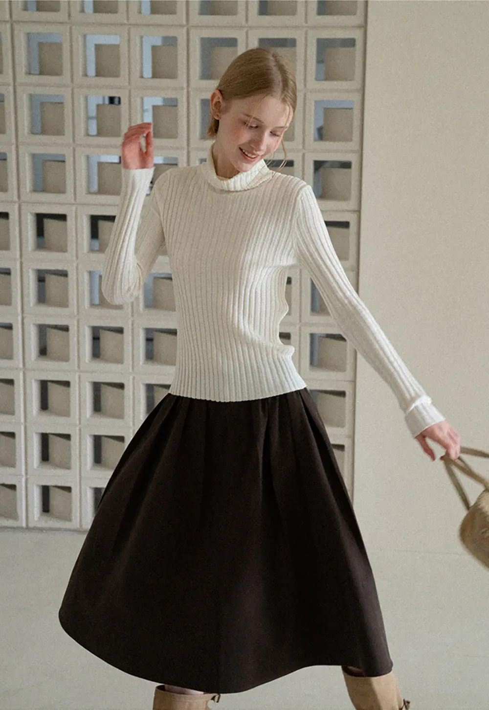 Ribbed Knit Turtleneck Long Sleeve Sweater