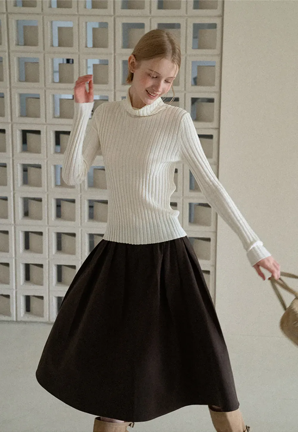 Ribbed Knit Turtleneck Long Sleeve Sweater