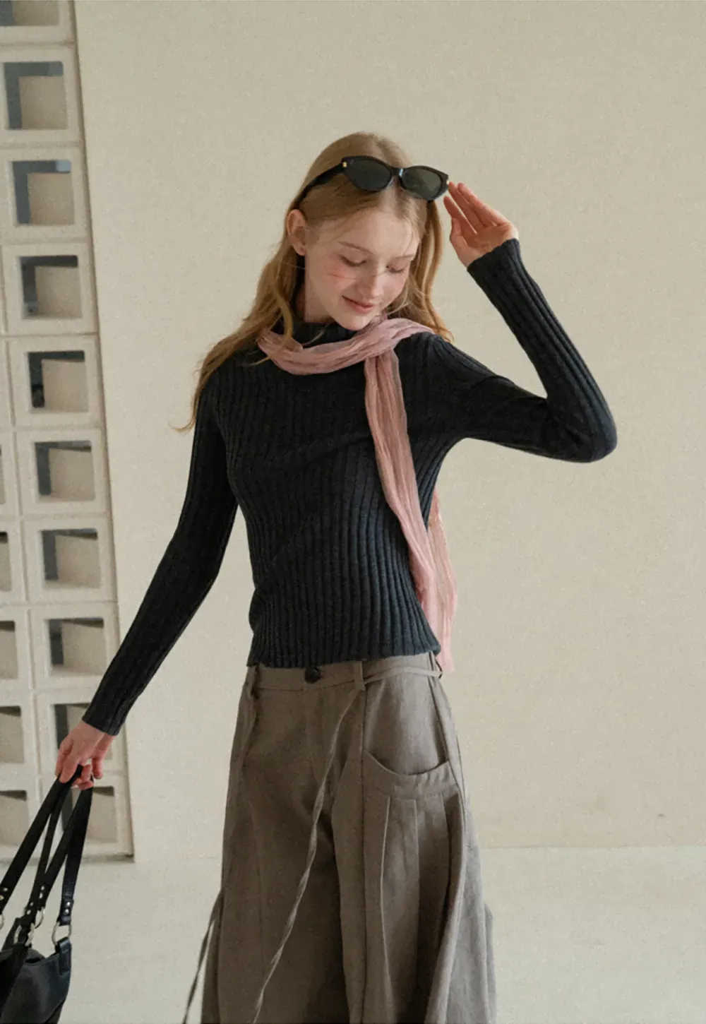 Ribbed Knit Turtleneck Long Sleeve Sweater