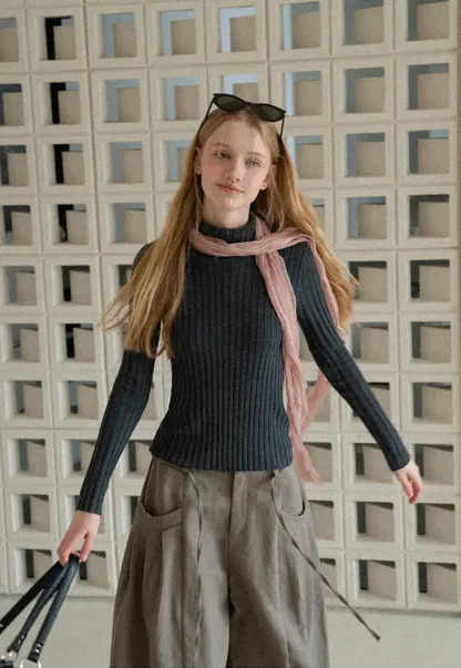 Ribbed Knit Turtleneck Long Sleeve Sweater
