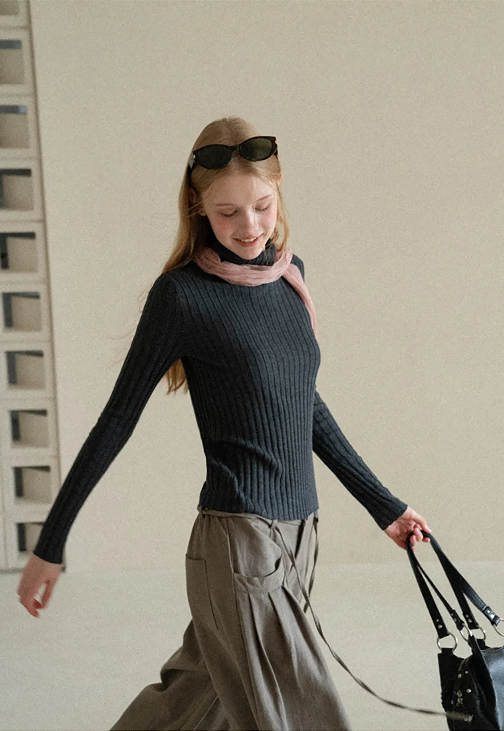 Ribbed Knit Turtleneck Long Sleeve Sweater