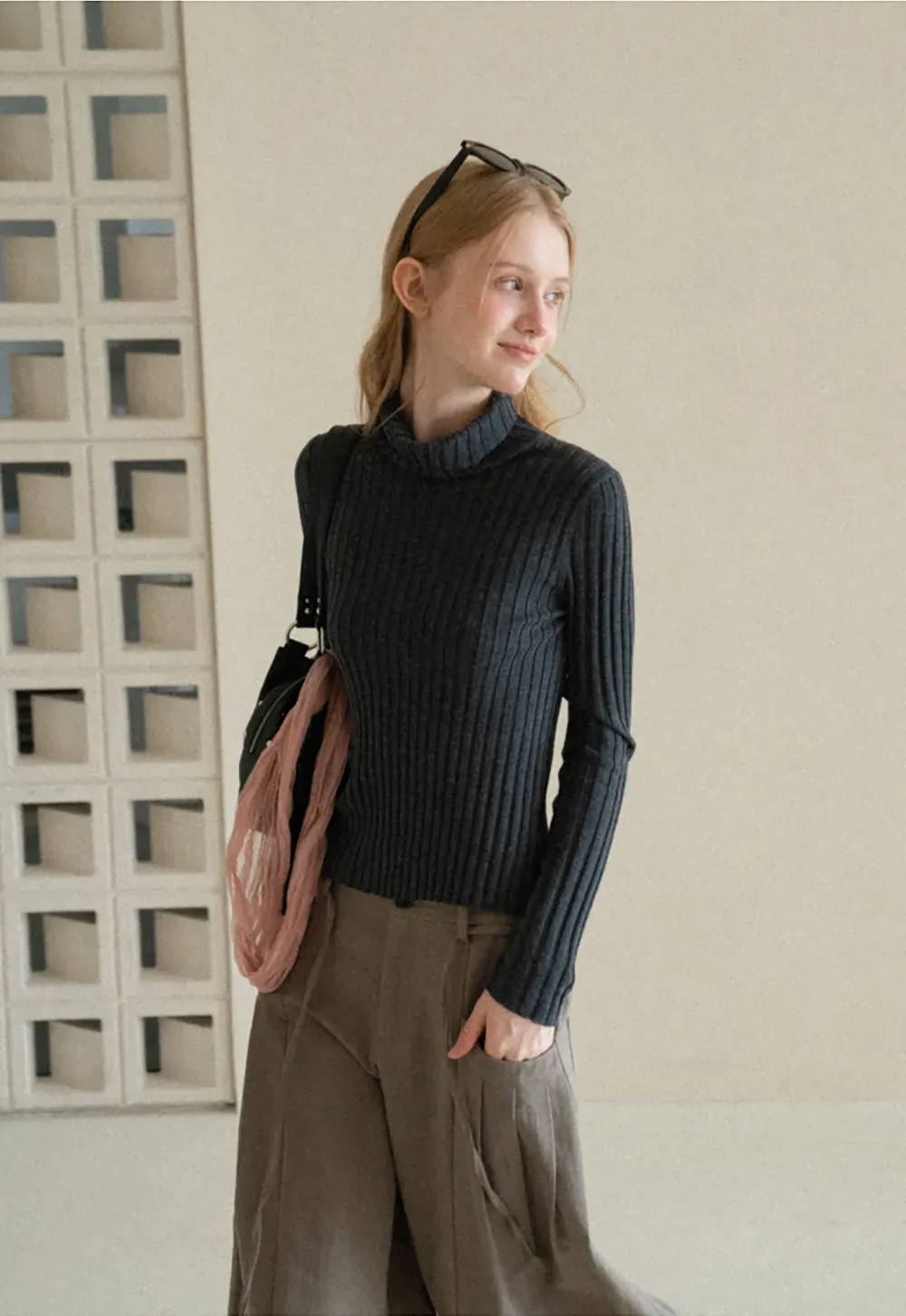 Ribbed Knit Turtleneck Long Sleeve Sweater