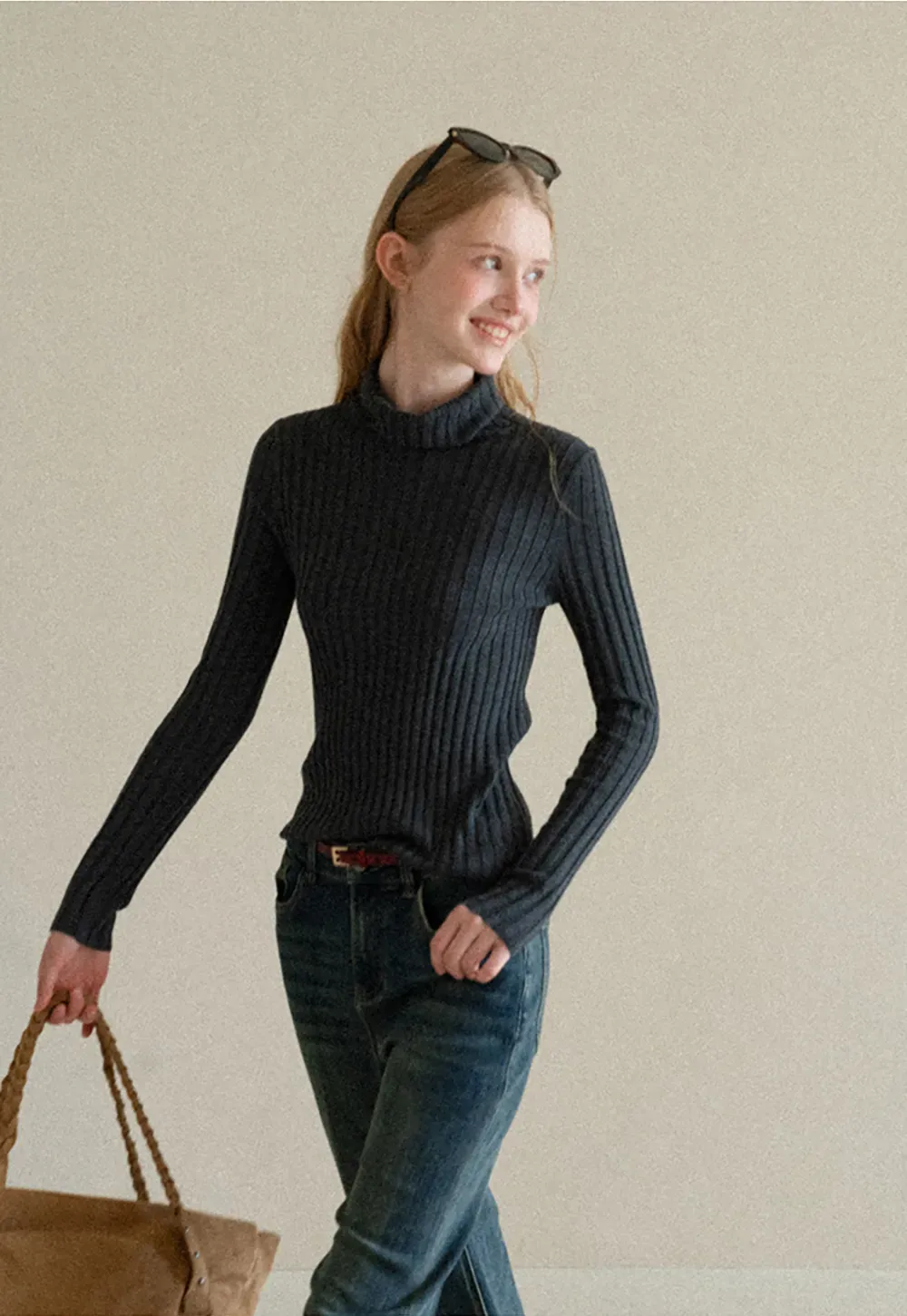 Ribbed Knit Turtleneck Long Sleeve Sweater