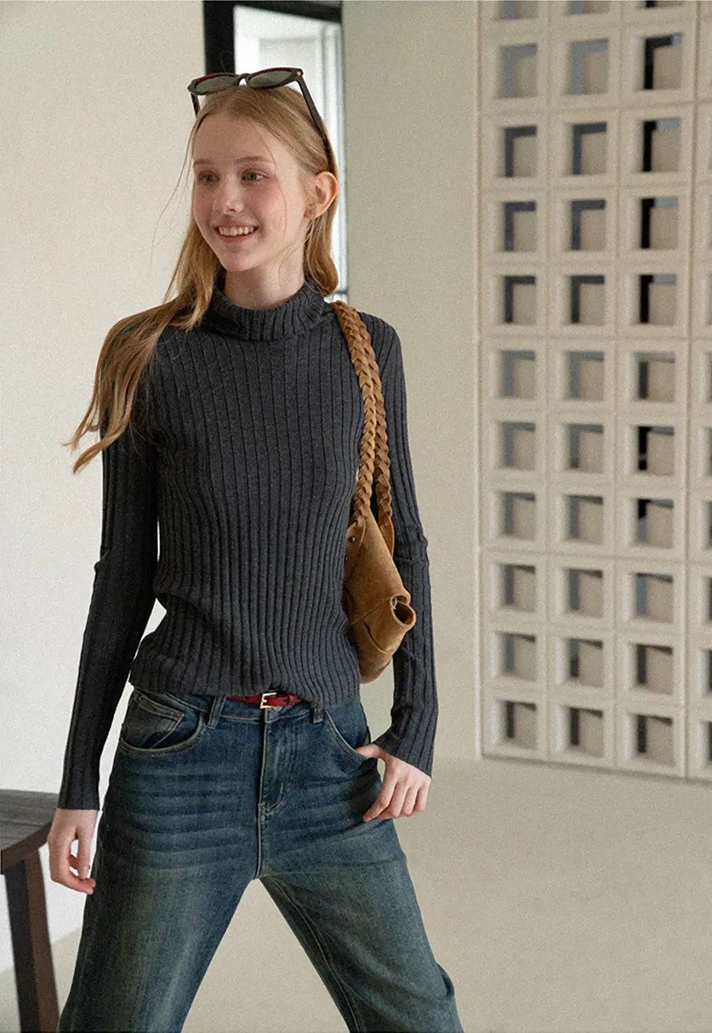 Ribbed Knit Turtleneck Long Sleeve Sweater