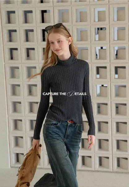 Ribbed Knit Turtleneck Long Sleeve Sweater