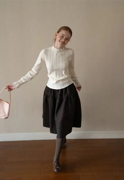 Textured Vertical Stripe High Neck Knit Sweater