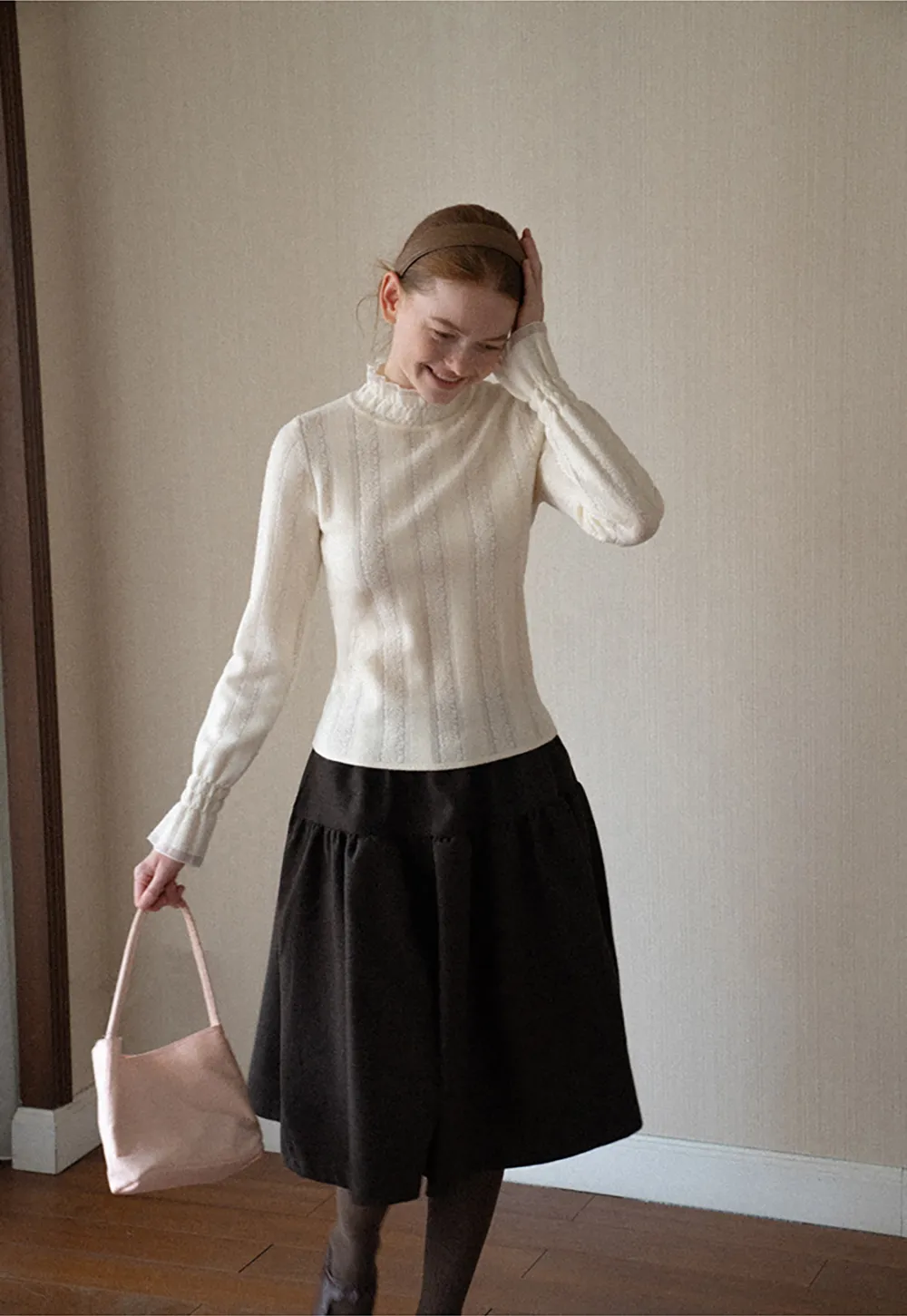 Textured Vertical Stripe High Neck Knit Sweater