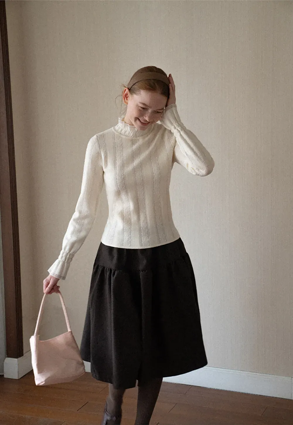 Textured Vertical Stripe High Neck Knit Sweater
