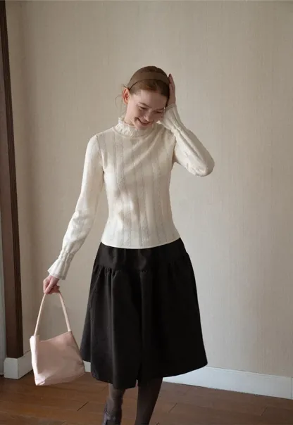 Textured Vertical Stripe High Neck Knit Sweater
