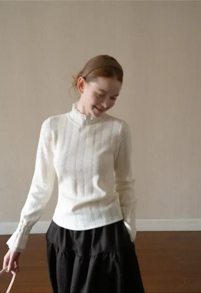 Textured Vertical Stripe High Neck Knit Sweater