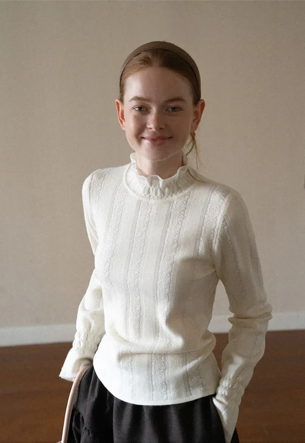 Textured Vertical Stripe High Neck Knit Sweater