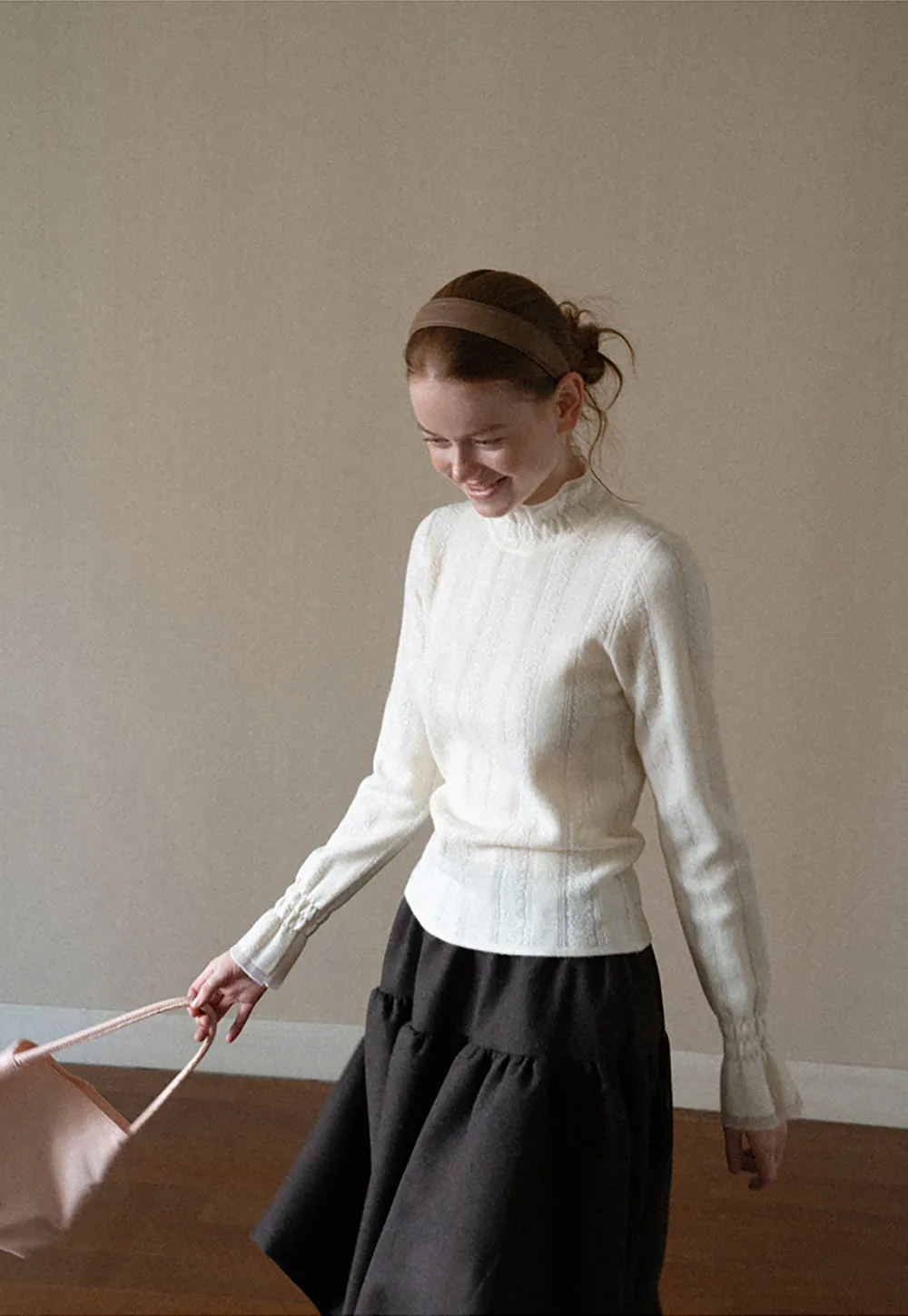 Textured Vertical Stripe High Neck Knit Sweater