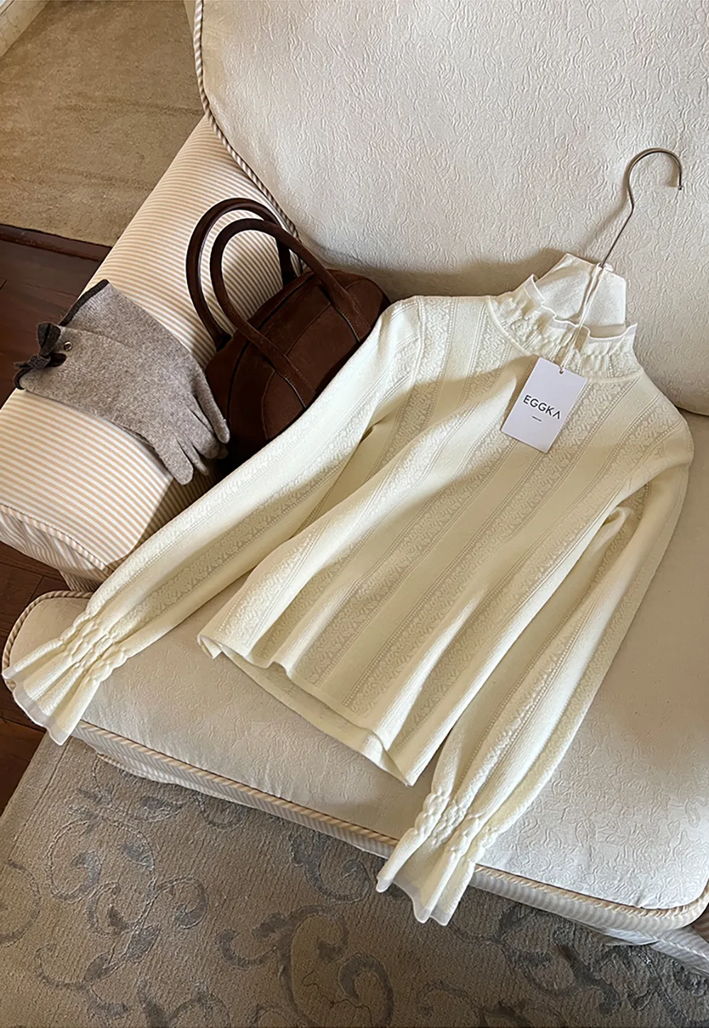 Textured Vertical Stripe High Neck Knit Sweater