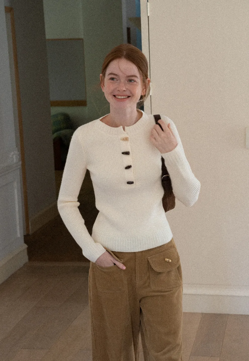 Ribbed Knit Henley Button Front Sweater