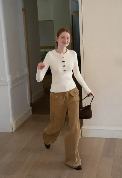 Ribbed Knit Henley Button Front Sweater