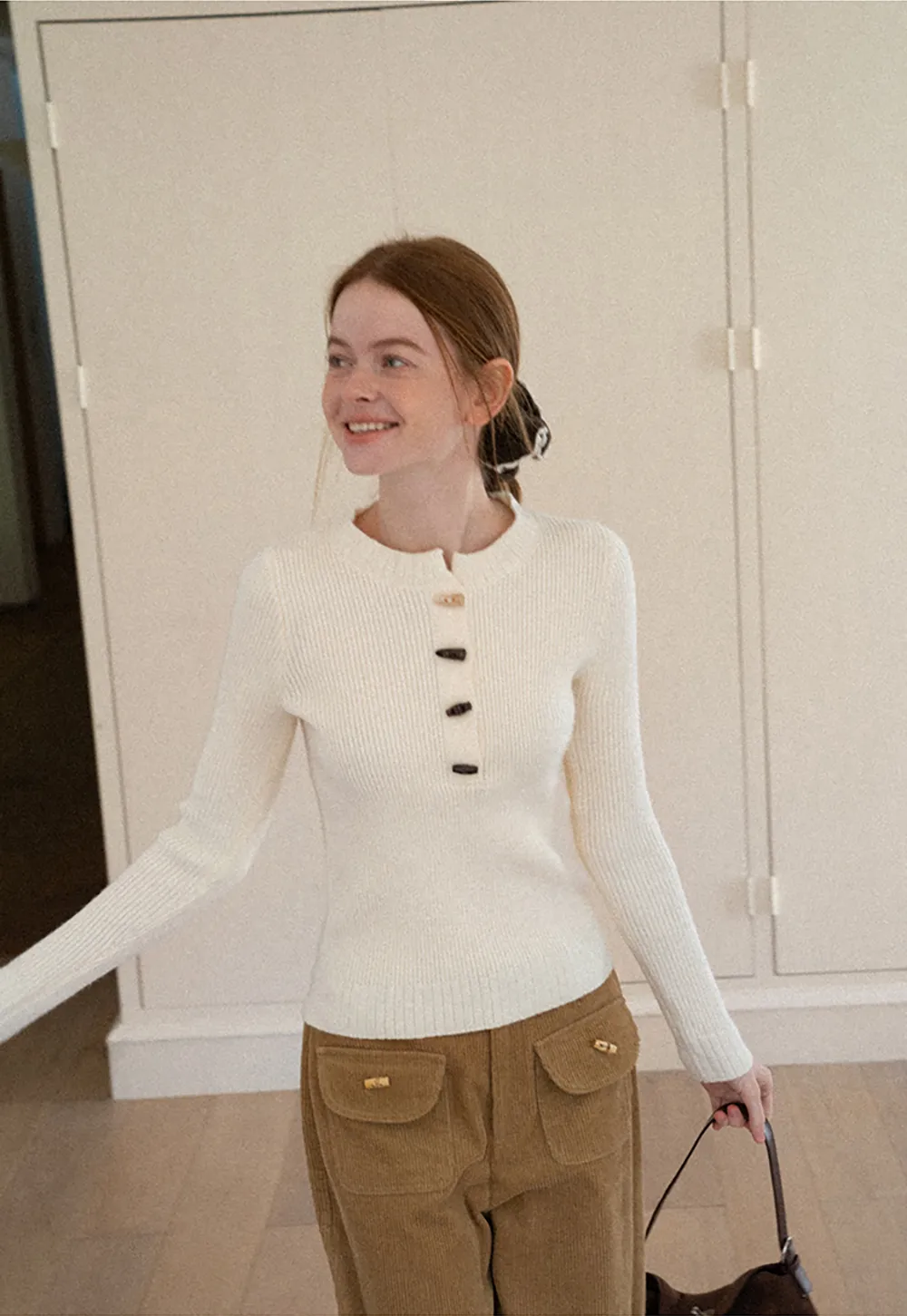 Ribbed Knit Henley Button Front Sweater
