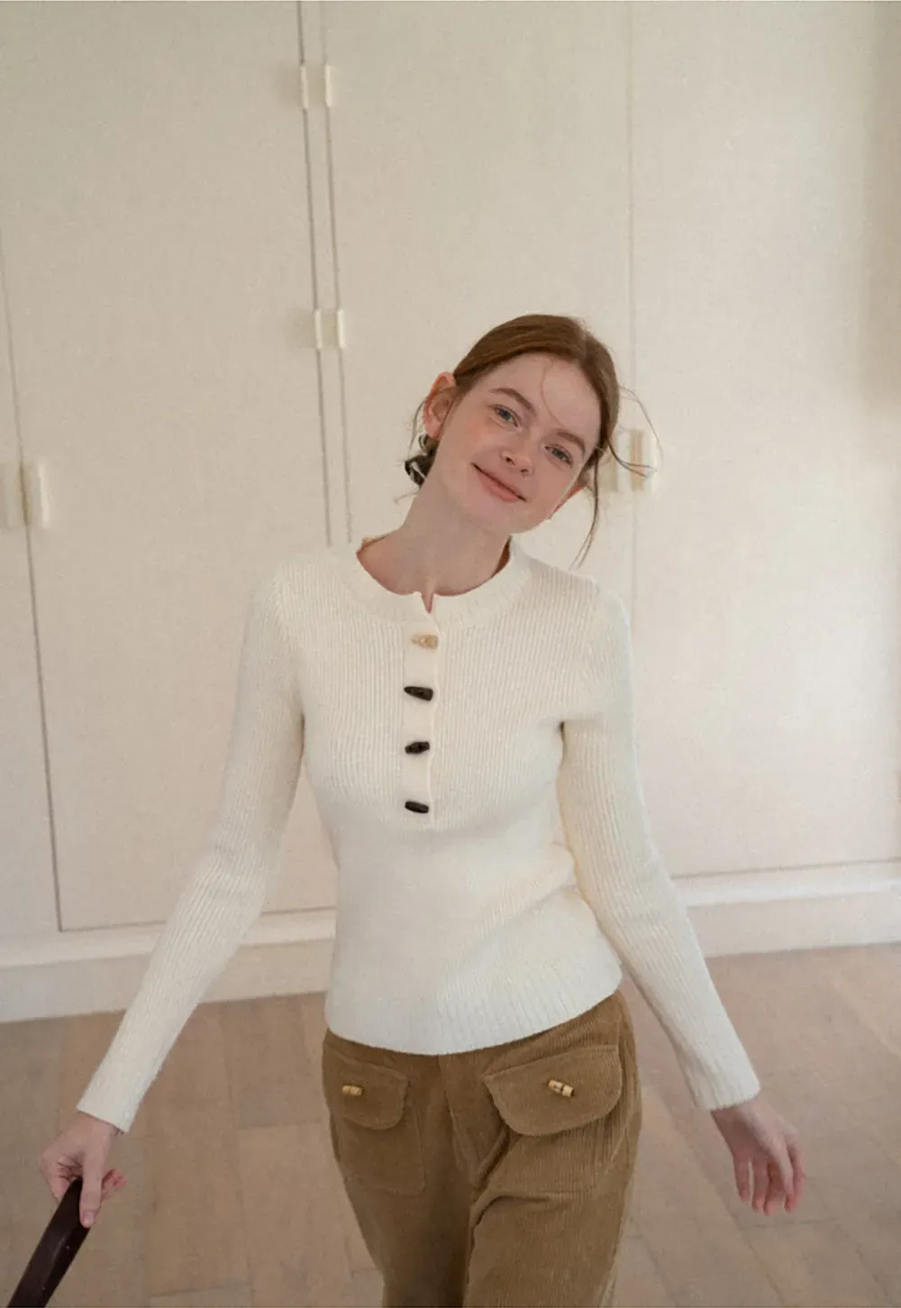 Ribbed Knit Henley Button Front Sweater