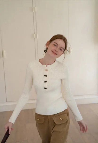 Ribbed Knit Henley Button Front Sweater