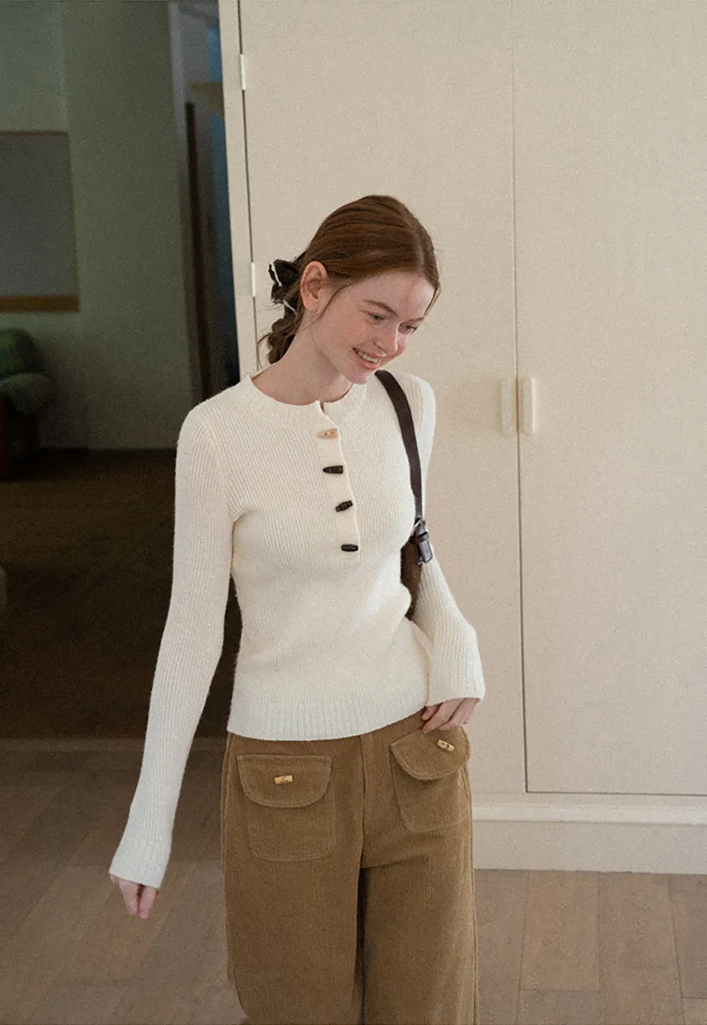 Ribbed Knit Henley Button Front Sweater