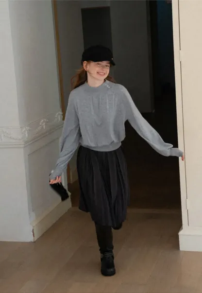 High Neck Pleated Detail Woolen Knit Sweater