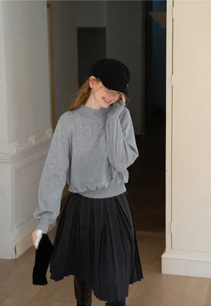 High Neck Pleated Detail Woolen Knit Sweater