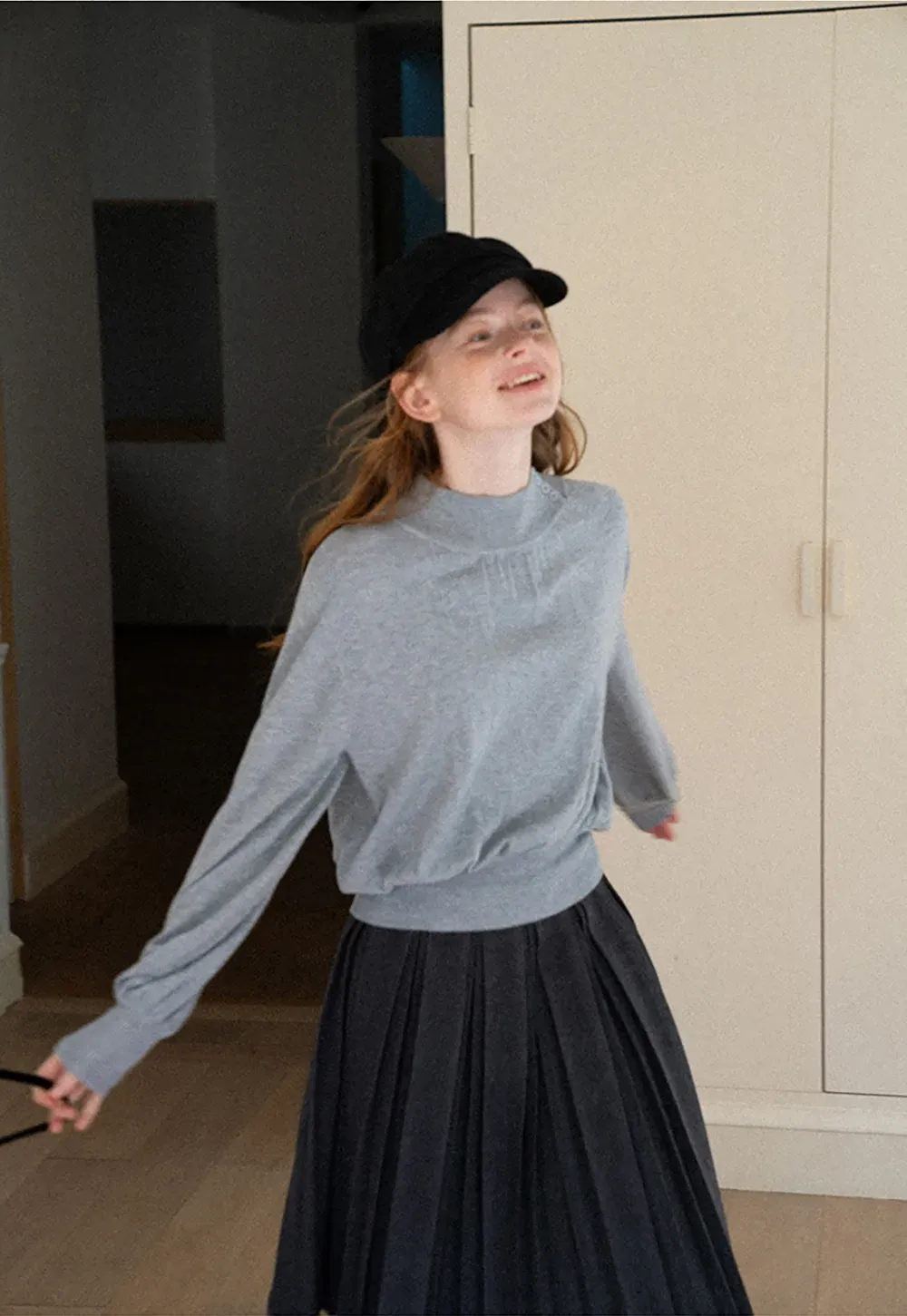 High Neck Pleated Detail Woolen Knit Sweater