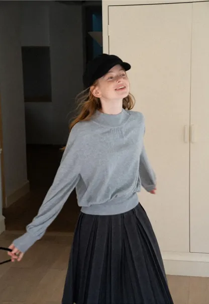 High Neck Pleated Detail Woolen Knit Sweater