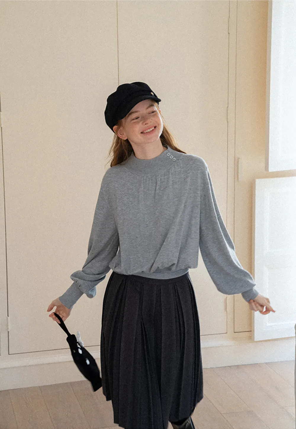 High Neck Pleated Detail Woolen Knit Sweater
