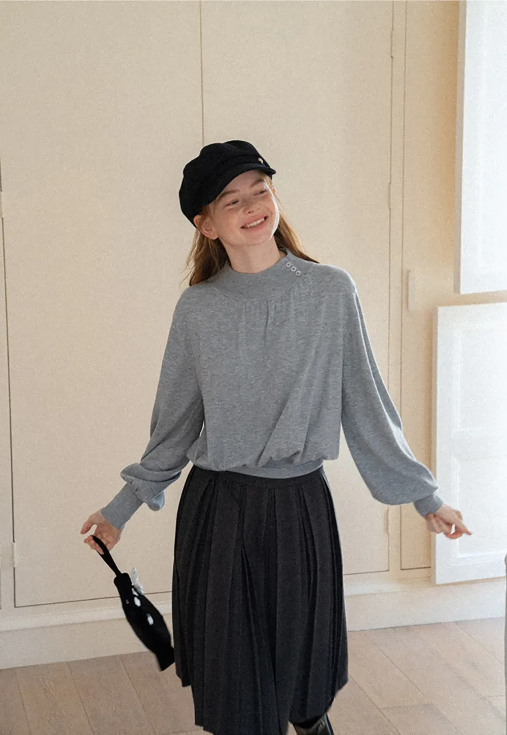 High Neck Pleated Detail Woolen Knit Sweater