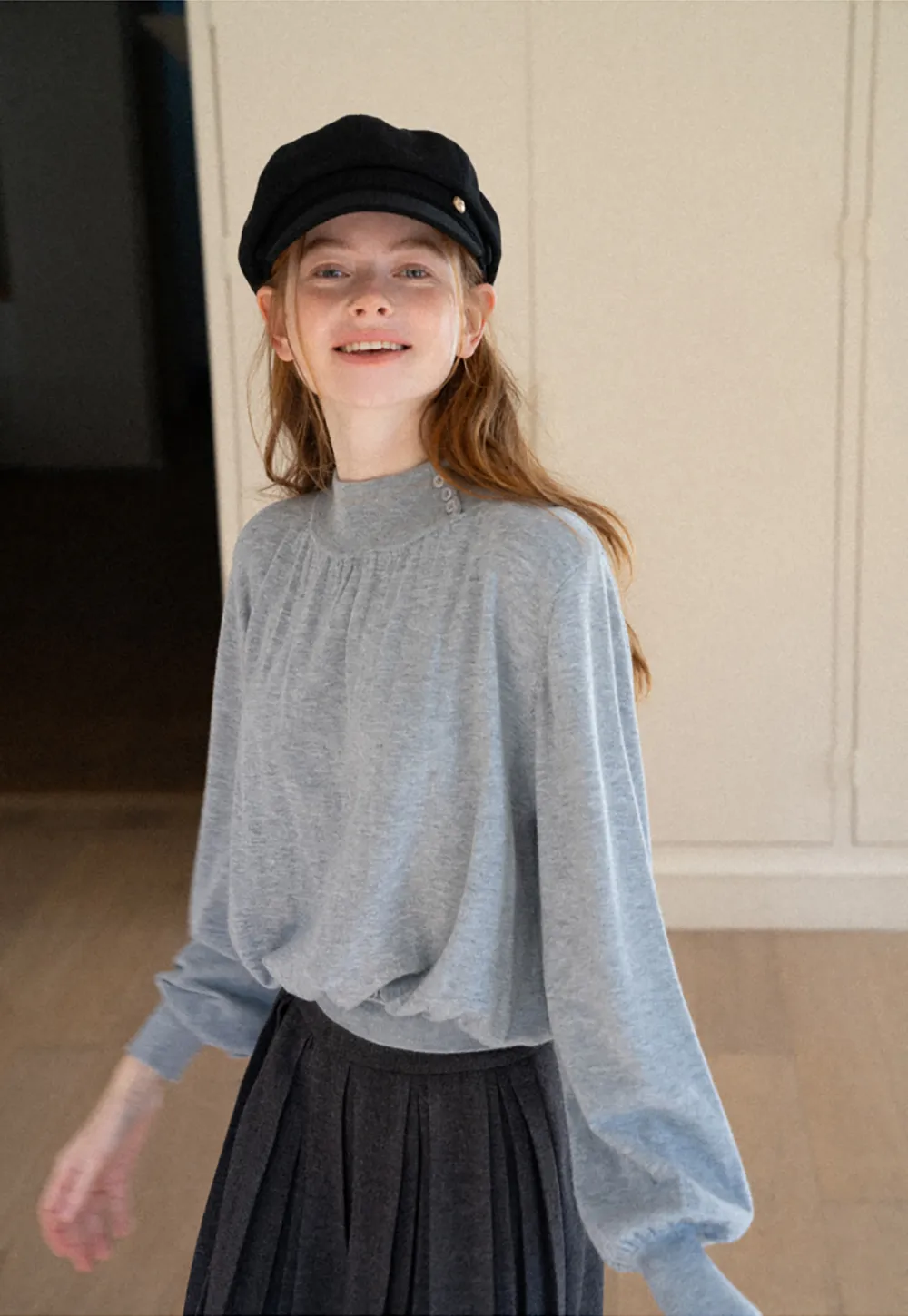 High Neck Pleated Detail Woolen Knit Sweater