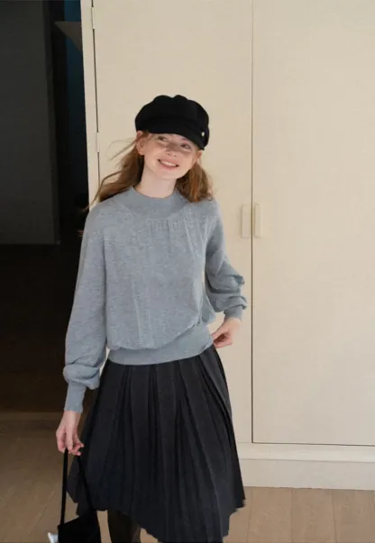 High Neck Pleated Detail Woolen Knit Sweater