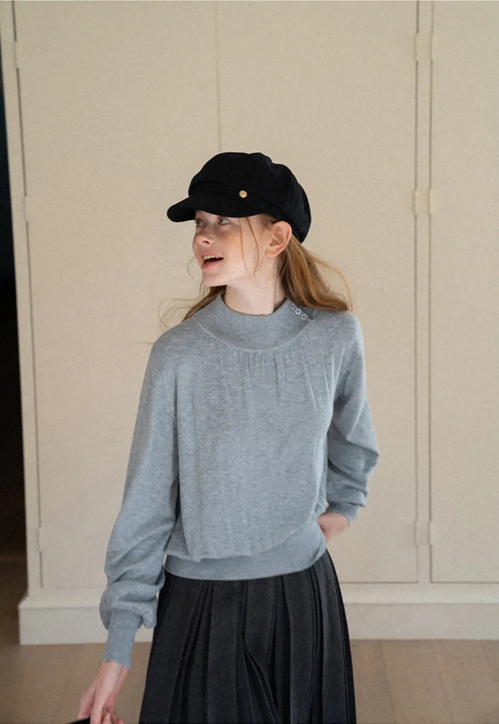 High Neck Pleated Detail Woolen Knit Sweater
