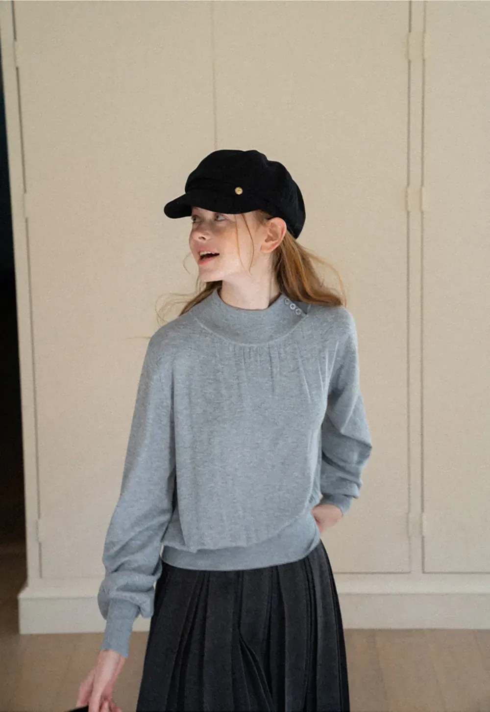 High Neck Pleated Detail Woolen Knit Sweater