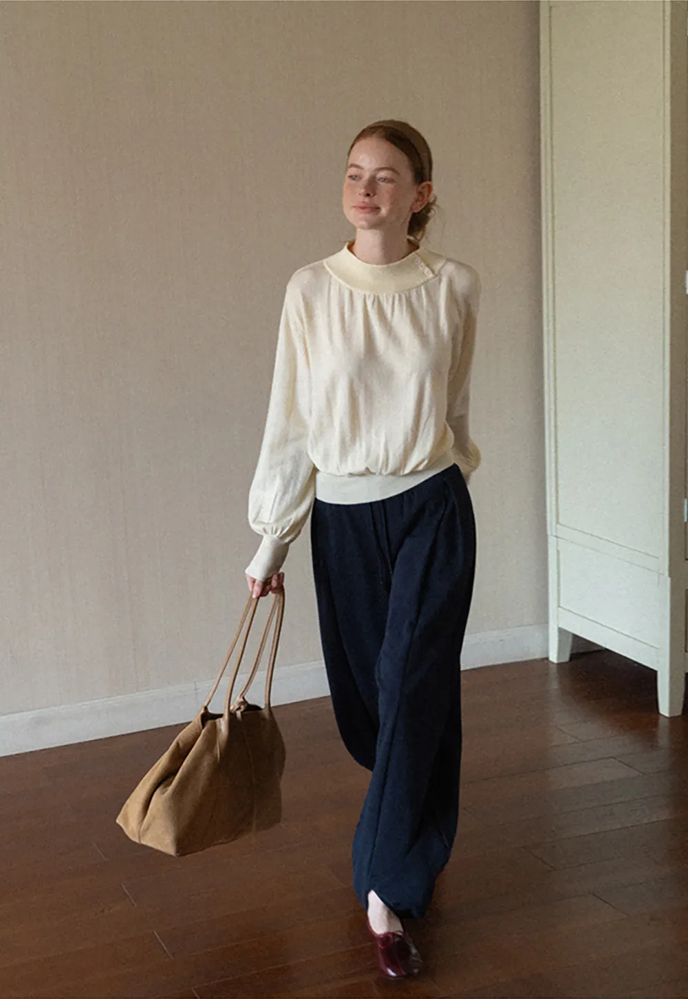 High Neck Pleated Detail Woolen Knit Sweater