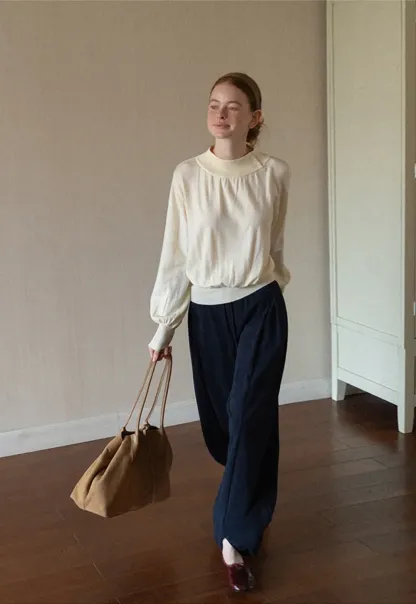 High Neck Pleated Detail Woolen Knit Sweater