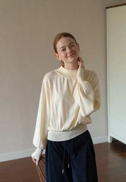 High Neck Pleated Detail Woolen Knit Sweater