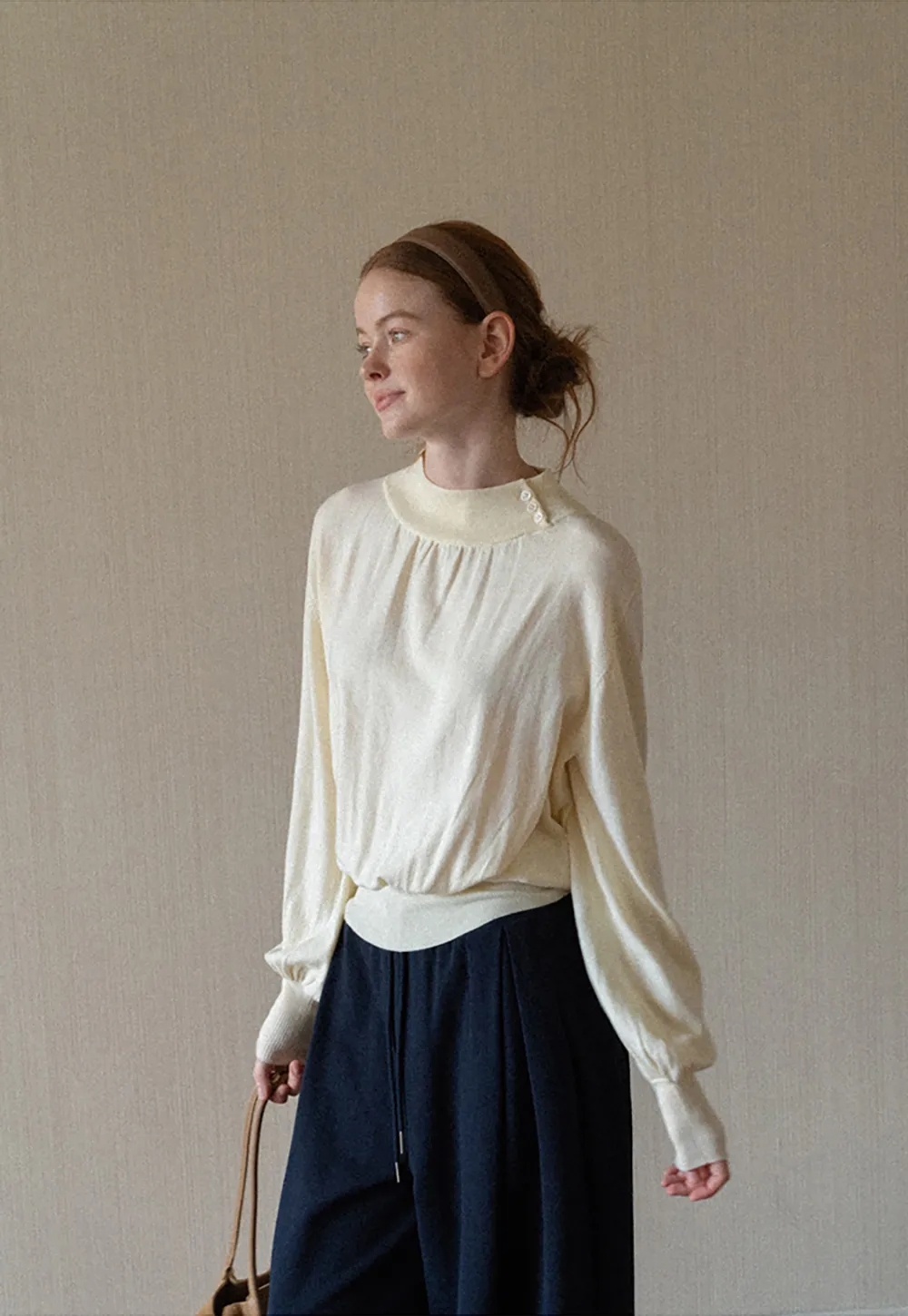 High Neck Pleated Detail Woolen Knit Sweater