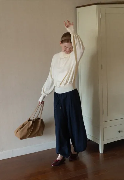 High Neck Pleated Detail Woolen Knit Sweater