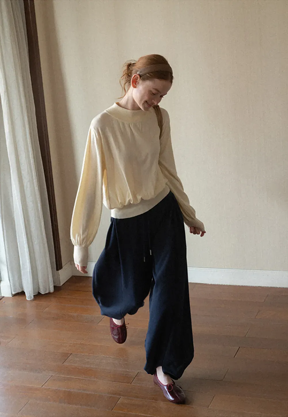 High Neck Pleated Detail Woolen Knit Sweater