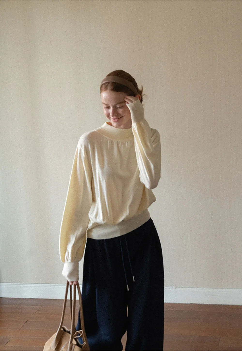 High Neck Pleated Detail Woolen Knit Sweater