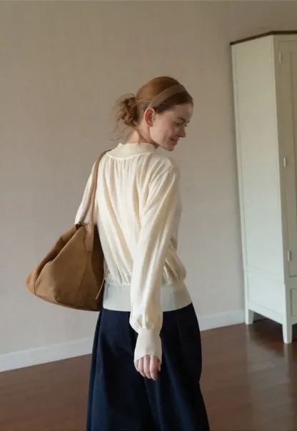 High Neck Pleated Detail Woolen Knit Sweater
