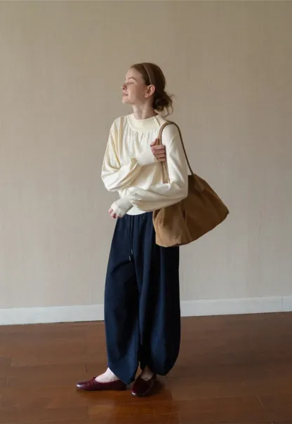 High Neck Pleated Detail Woolen Knit Sweater