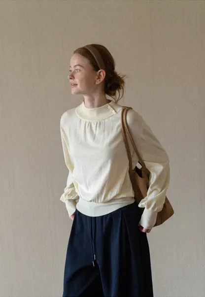 High Neck Pleated Detail Woolen Knit Sweater