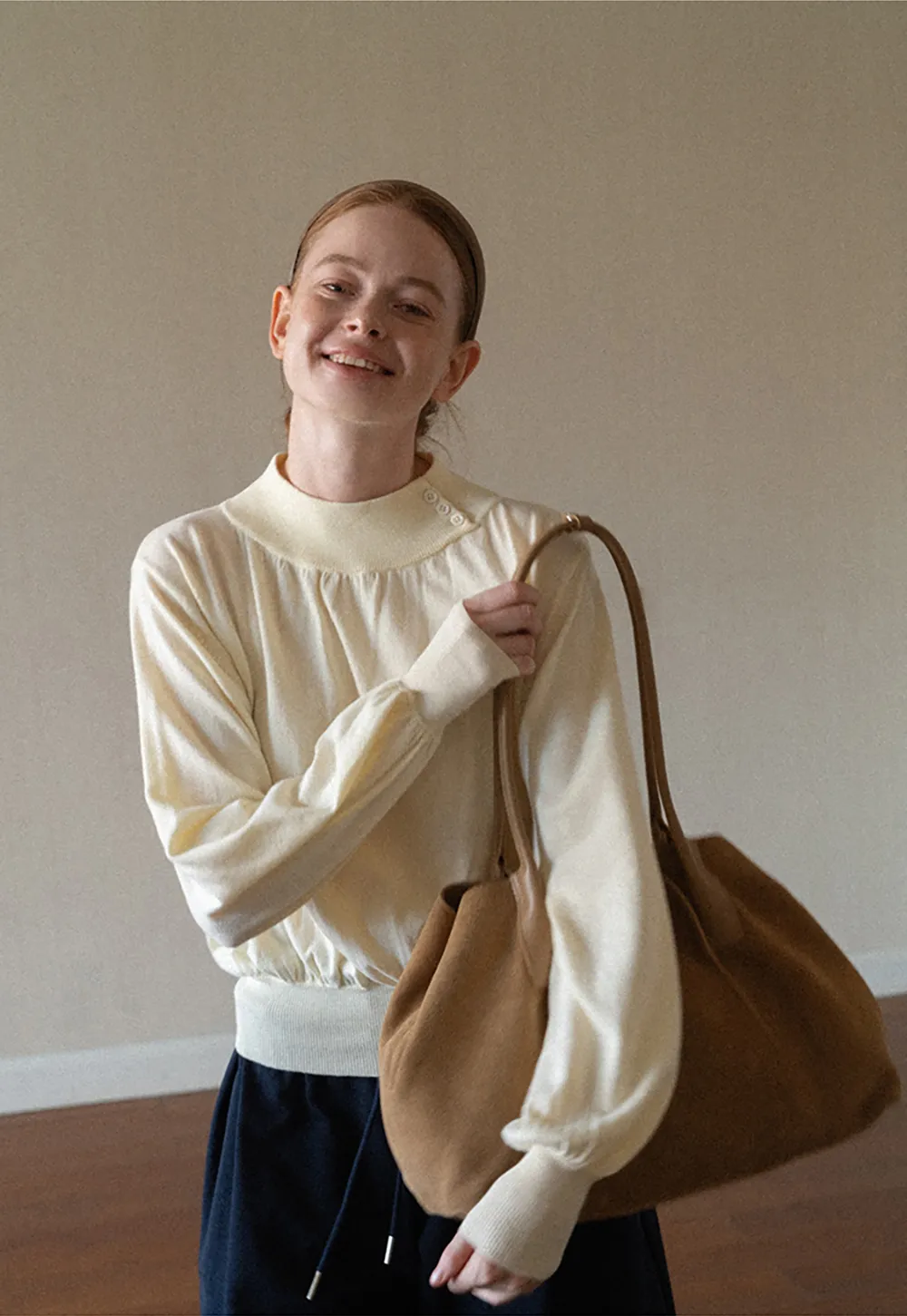High Neck Pleated Detail Woolen Knit Sweater