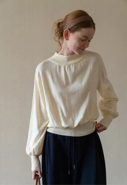 High Neck Pleated Detail Woolen Knit Sweater